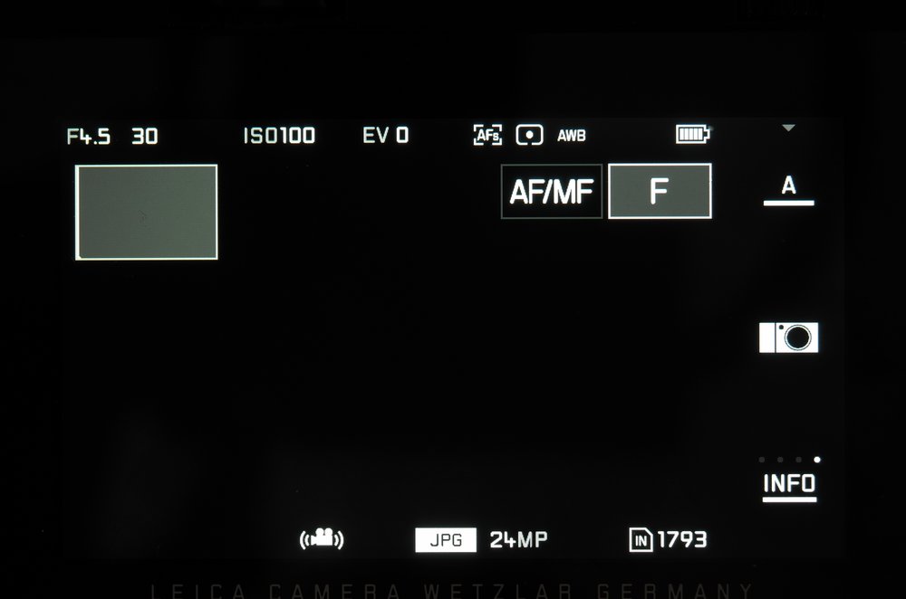 The rectangles to the top right of the screen show the currently set functions of the two adjustment dials on the camera top plate. All these menu shots were taken by Dunk Sargent using his trusty workhorse, the Leica X Vario with an additional Leitz Elpro close-up lens